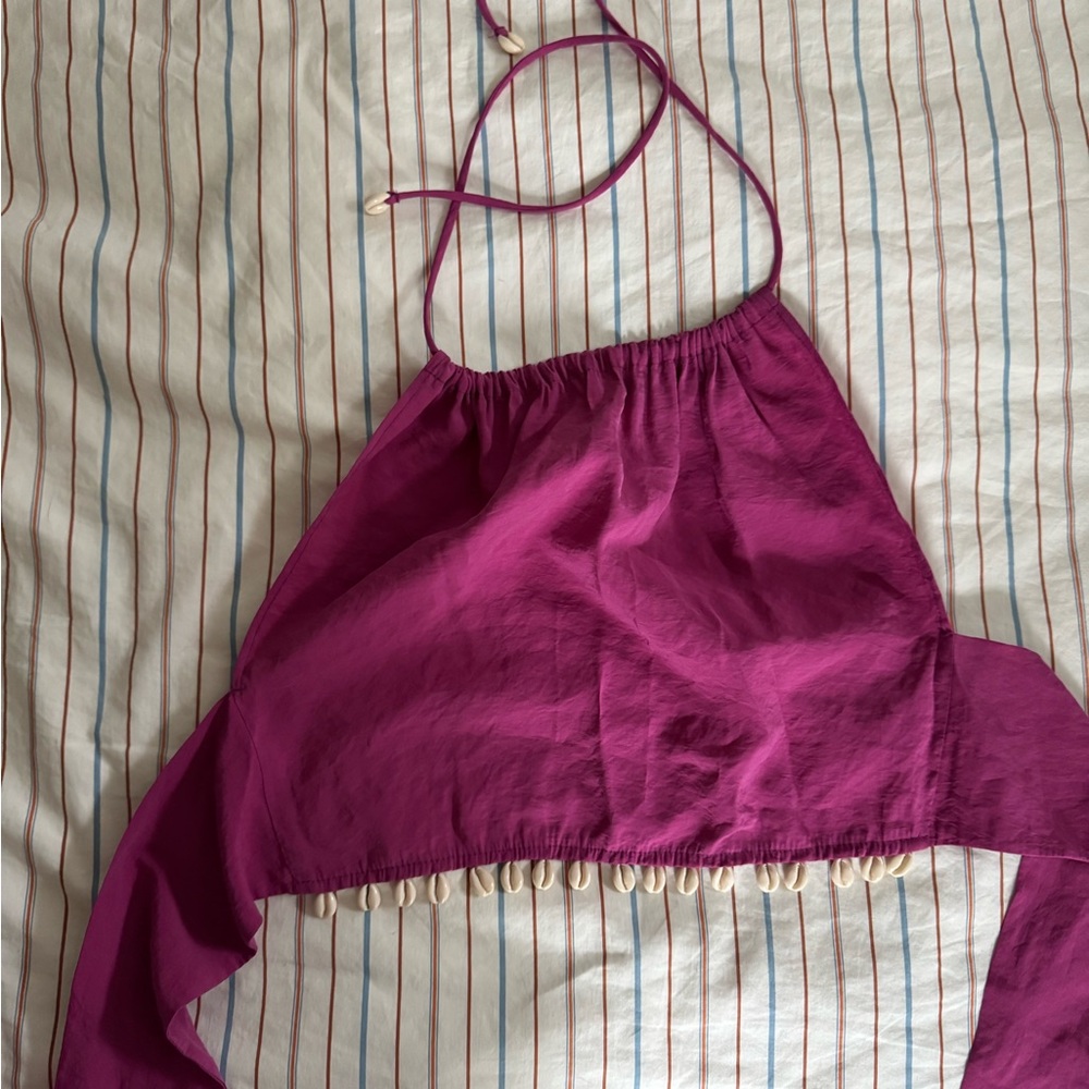 Dark pink open back Halter Top with Shell Trim